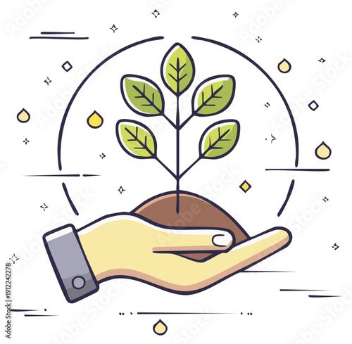 Hand holding a young plant symbolizing growth and new beginnings with decorative elements