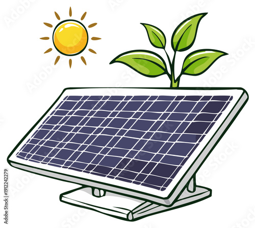 Cartoon solar panel with sun, leaves and green energy concept