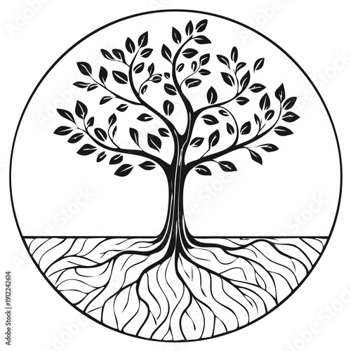 Black and white circular Tree of Life symbol with a large root system illustration