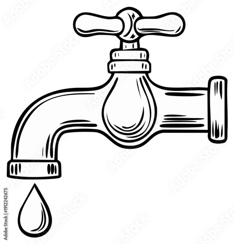 Classic style water faucet with a single dripping drop, black and white outline illustration