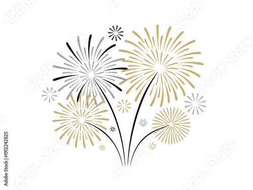 A vibrant illustration of fireworks exploding in the night sky with gold, silver, and black colors