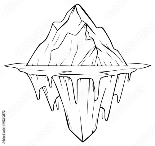 Vector illustration of an entire iceberg floating with the tip and hidden underwater base visible