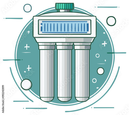 Modern Water Filtration System with Digital Display Inside a Teal Circular Frame