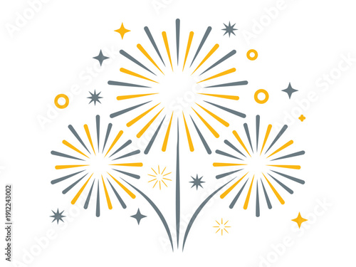 A vibrant graphic illustration of fireworks exploding in yellow and gray on a white background with starbursts