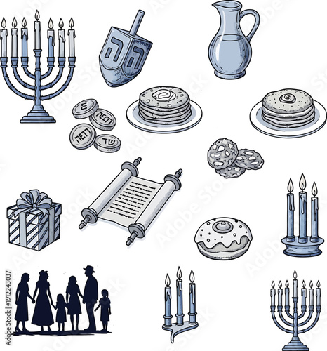 Hanukkah holiday symbols vector set featuring menorah dreidel and traditional jewish food