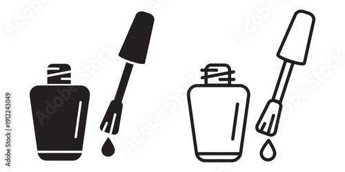 Two variants of nail polish bottle with brush icon in linear and solid styles. Beauty cosmetic symbols isolated on transparent background with editable stroke, ideal for manicure or nail salon.