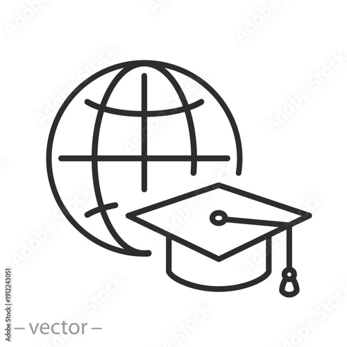 globe with graduate hat, international education icon, thin line editable vector illustration