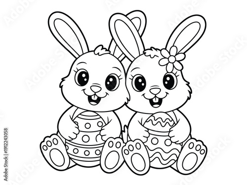 Two cute cartoon bunnies sitting together in Easter eggs on a white background