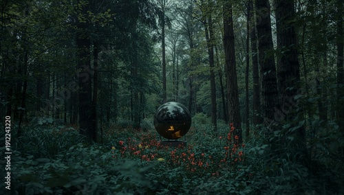 Forest Scene With a Reflective Sphere and Red Flowers in a Wooded Area During...