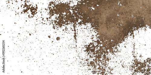 Isolated water splash and droplets on a white background create a macro texture resembling a natural cocoa powder heap or an abstract grunge pattern on a dry surface