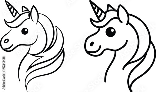 Minimalist unicorn head line art doodles set. Cute magical horse profile illustrations
