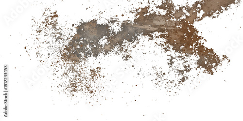 Abstract grunge background with crushed ice texture and brown cocoa powder blots featuring a closeup macro of a natural ingredient pile isolated on a white background