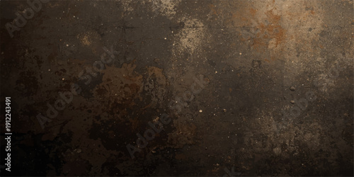 A dark and grungy vintage metal surface features a rough, textured pattern of aged brown rust on an antique industrial backdrop