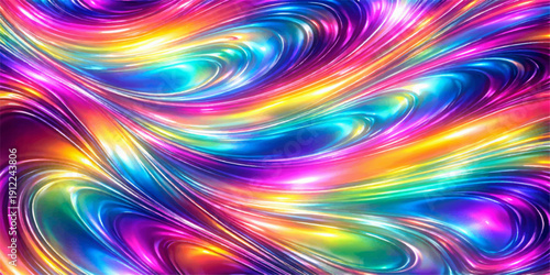 A vibrant digital art illustration features an abstract colorful background of psychedelic swirls and bright fractal circles in a rainbow explosion of energy and light