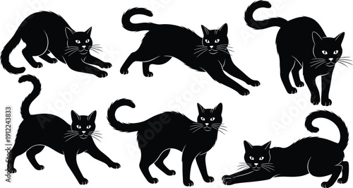 Black silhouette vector illustration of five cats in dynamic poses, crouching, stretching, walking, arched back, expressive feline design