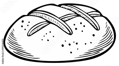 Hand Drawn Bread Loaf with Score Marks Black Outline Food Illustration on White Background