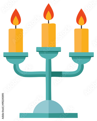 Three burning candles on a decorative teal candlestick holder illustration.