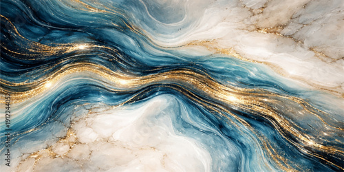 A seamless blue and white liquid texture features wavy motion and gold swirls in a 3d water surface design with flowing sea waves