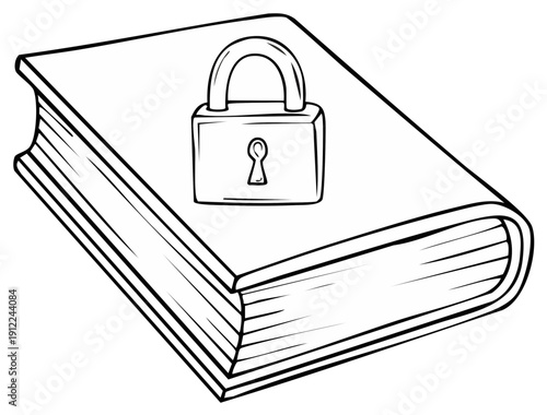 Black and white outline of a locked book with a padlock symbolizing secrets and protected information
