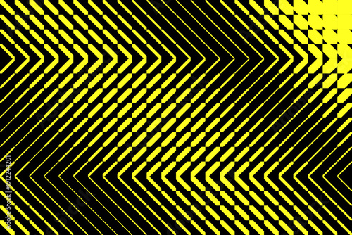 Complex Yellow Chevron Zigzag Pattern with Geometric Halftone Texture and High Contrast Black Background for Visual Impact