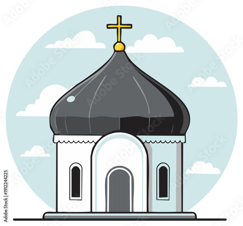 Stylized Orthodox Church Chapel with Dome and Cross Against Sky