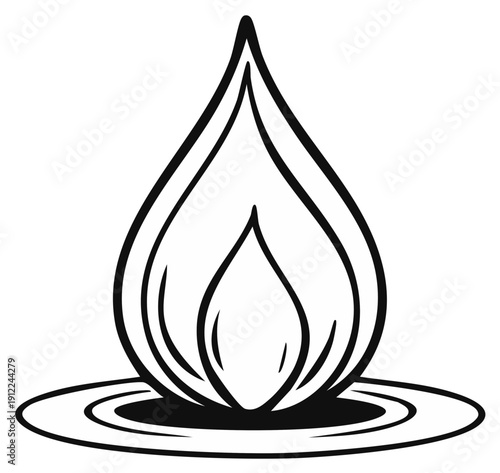 Simple graphic rendering depicting a bold stylized flame rising from a circular base, isolated on a plain background