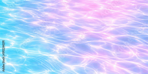 Abstract blue water and sky background with soft white clouds reflecting sunlight across a summer ocean wave texture under a bright heavenly light