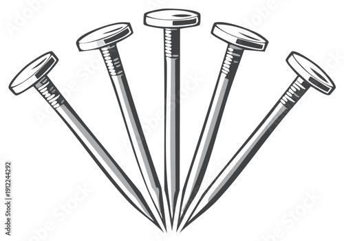 Set of Five Metallic Nails Fanned Out in a Row, Illustrating Construction and DIY Tools