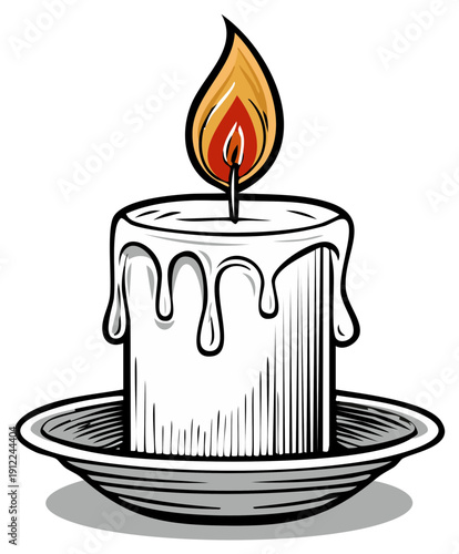 Cartoon-style candle burning with a bright flame on a simple plate, illustration