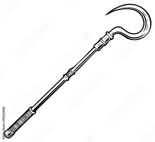 Vintage Crooked Staff Illustration. Classic Hooked Walking Stick Design Element for Historical or Fantasy Themed Projects. Antiquated Cane Icon.