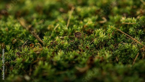 Close View of Green Moss With Small Brown Plant During Sunny Day in Forest