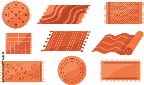 Carpet and rug collection, decorative floor textiles, patterned rugs, home interior decor, traditional carpets, fabric textures, ornamental rug set illustration