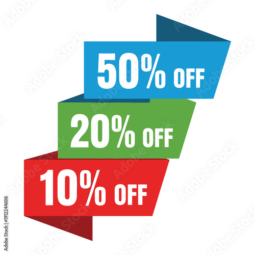 Stack of colorful discount ribbons showing 50% off, 20% off, and 10% off sales.