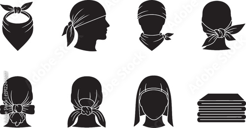 Black silhouettes of people wearing bandanas in different styles headscarf black and white fashion accessory