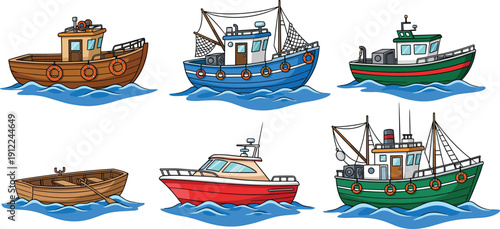 Fishing boats collection, marine vessels set, trawler ships, wooden boat, motorboat, sea transport, nautical illustration, ocean fishing, cartoon boat icons