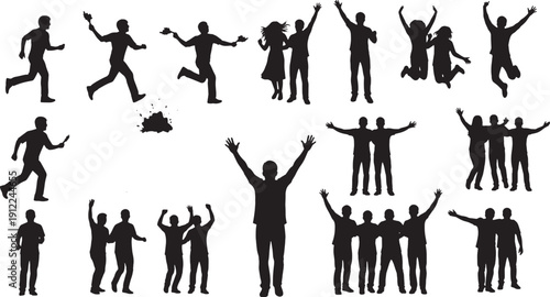 Black silhouettes of people running jumping and celebrating on white background