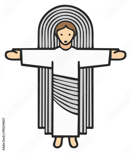 Biblical figure with outstretched arms wearing white robe and halo emblem