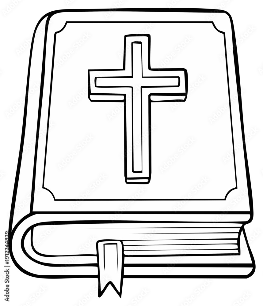 Fototapeta premium Holy Bible book with Christian cross symbol outline illustration drawing