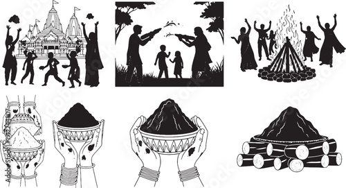 Black and white of people celebrating with colored powder celebration silhouettes