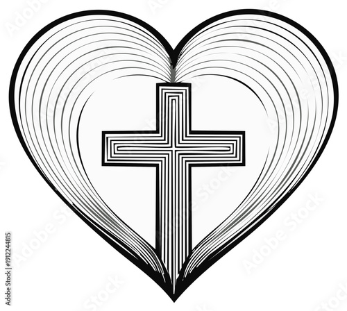 Christian Cross inside Stylized Heart Shape Abstract Line Art Symbol