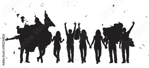 Black silhouettes of people walking with luggage on white background with splatters