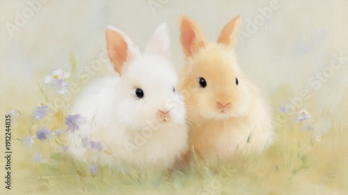 Adorable Baby Rabbits Among Wildflowers Gentle Artwork Scene
