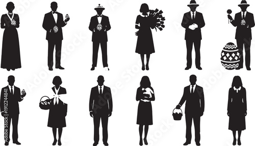 Black silhouettes of people holding Easter eggs and baskets easter baskets