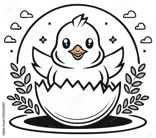 Adorable white baby chick hatching from egg surrounded by leafy branches under fluffy clouds and glowing stars in a circular frame