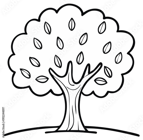 Simple Outline Tree Drawing with Leaves Basic Nature Line Art Illustration