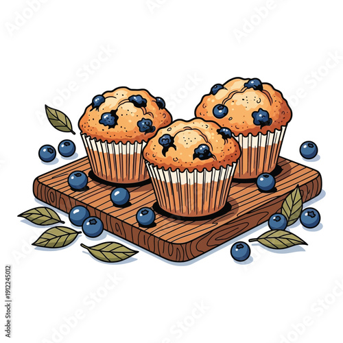 A wooden cutting board with three blueberry muffins surrounded by fresh blueberries and leaves on a white background