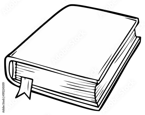 Simple Black and White Line Art Illustration of a Closed Book with Bookmark for Education and Learning