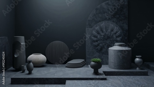Modern Display of Geometric Shapes and Textures in a Dark Room With Varied St...