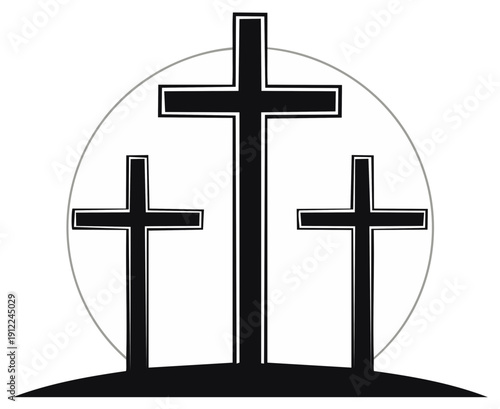 Three black crosses on a hill under a soft glowing circle for Easter and religious illustration