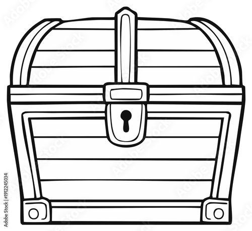 Cartoon treasure chest illustration, closed, outline black and white drawing